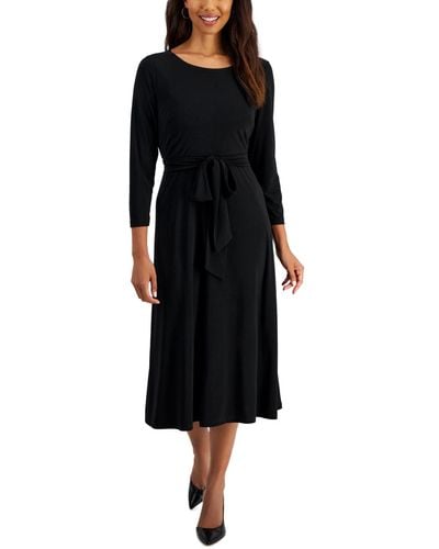 Kasper Petite Belted 3/4-sleeve Knit Midi Dress - Black
