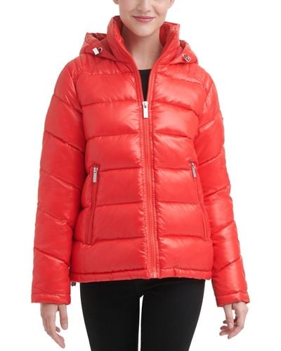 Guess High-shine Hooded Puffer Coat - Red
