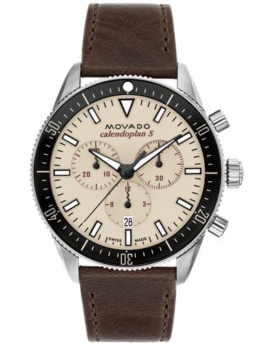Movado Swiss Chronograph Calendoplan S Cognac Leather Strap Watch 42mm - Black