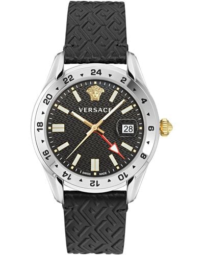 Versace Swiss Greca Time Gmt Black Leather Strap Watch 41mm