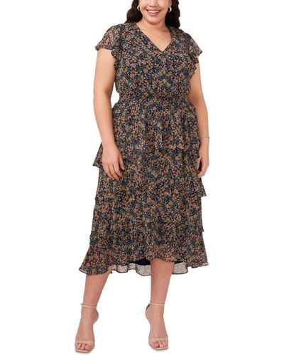 Msk Plus Size Floral-print Flutter-sleeve Fit & Flare Dress - Brown