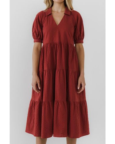 Free the Roses Stripe Texture Midi Dress - Red