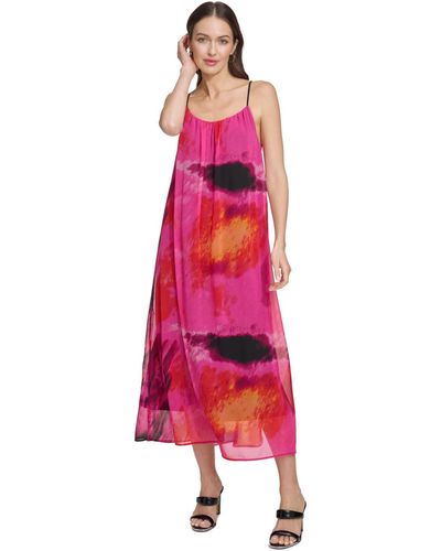 DKNY Printed Sleeveless Chiffon Dress - Pink