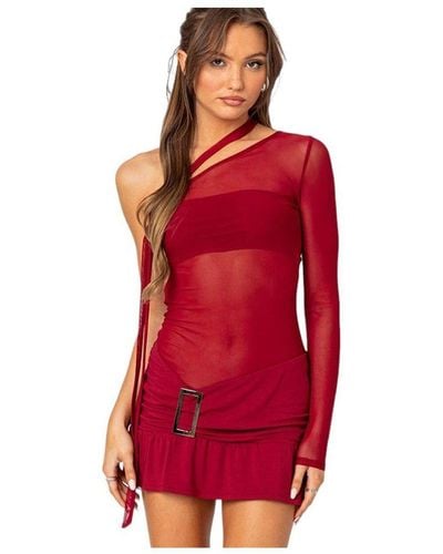 Edikted One Shoulder Sheer Mesh Mini Dress - Red