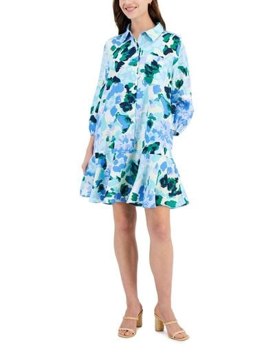 Charter Club Floral-print 100% Linen Flounce Dress - Blue