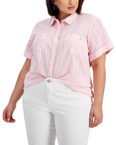Tommy Hilfiger Plus Size Cotton Crinkled Striped Camp Shirt - White