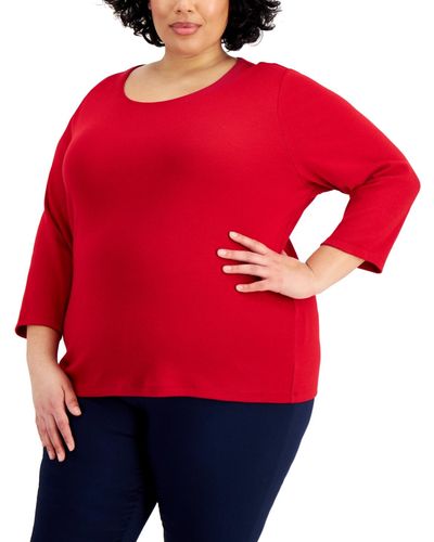 Karen Scott Plus Size 3/4 Sleeve Scoop-neck Top - Red