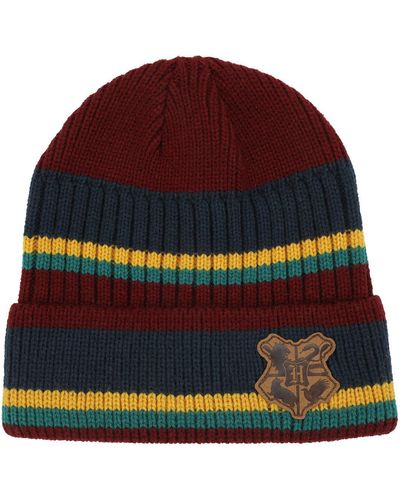 Harry Potter Hogwarts Crest Faux Leather Patch Stripes Beanie - Red