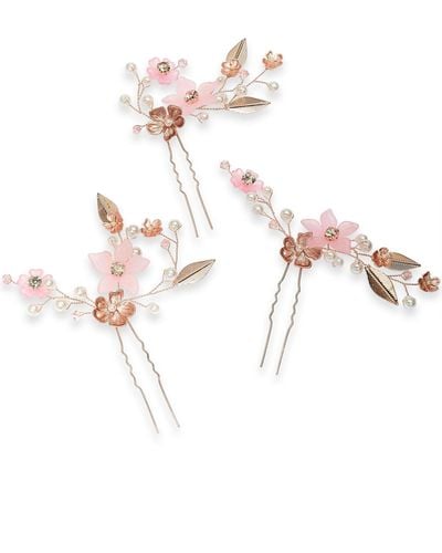 INC International Concepts 3-pc. Gold-tone Crystal & Imitation Pearl Flower Sprig Bobby Pin Set - Pink