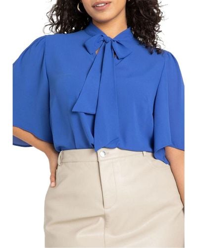 Eloquii Plus Size Bow Blouse With Flutter Sleeve - Blue