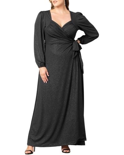 Kiyonna Plus Size Modern Muse Long Sleeve Wrap Gown - Black
