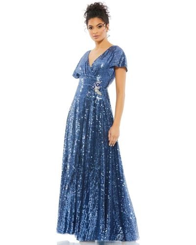 Mac Duggal Sequined Butterfly Sleeve Wrap Over A Line Gown - Blue
