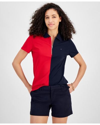 Tommy Hilfiger Colorblock Zip-front Polo Shirt - Red
