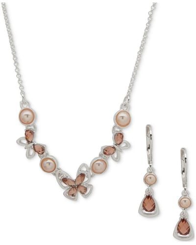 Anne Klein Gold-tone Imitation-pearl Crystal Butterfly Necklace & Drop Earrings Set - Metallic