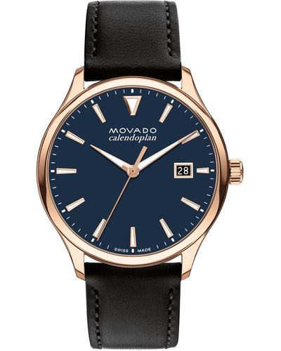 Movado Heritage Calendoplan Swiss Quartz Genuine Leather Strap Watch 40mm - Black