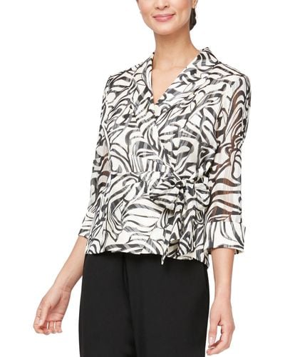 Alex Evenings Printed Side-tie Blouse - White