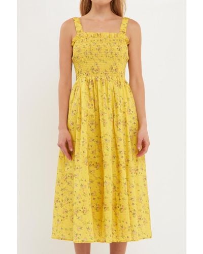 English Factory Floral Print Smocked Dress - Yellow