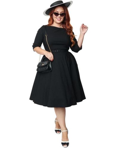 Unique Vintage Plus Size Three Quarter Sleeve Belted Devon Swing Dress - Black