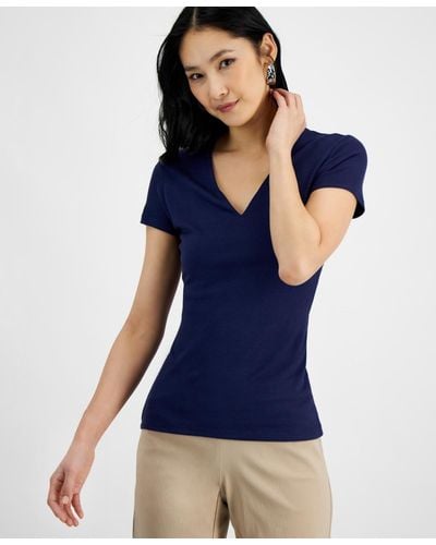 INC International Concepts Inc Short Sleeve Ribbed V-neck Top, Created For Macy's - Blue