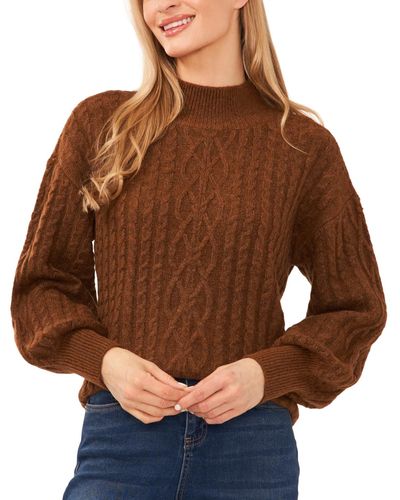 Cece Cable-knit Mock Neck Bishop Sleeve Sweater - Brown