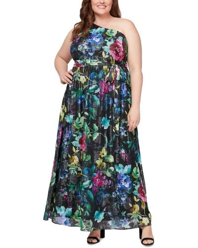 Sl Fashions Plus Size Floral-print One-shoulder Gown - Green