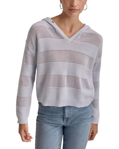 DKNY Pointelle Stripe V-neck Hooded Sweater - Blue