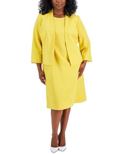 Le Suit Plus Size Crepe Open Front Jacket And Crewneck Sheath Dress Suit - Yellow