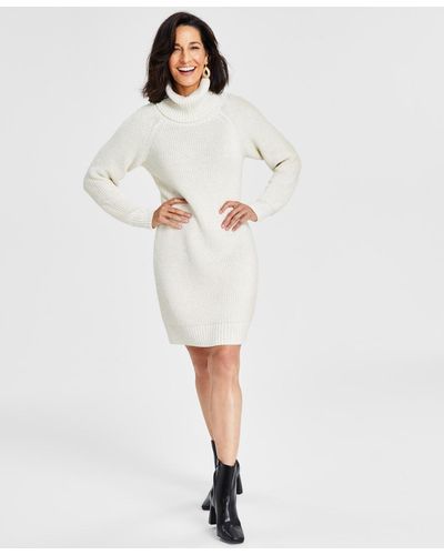 INC International Concepts Metallic-knit Turtleneck Sweater Dress - White