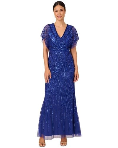 Adrianna Papell Embellished Flutter-sleeve Gown - Blue