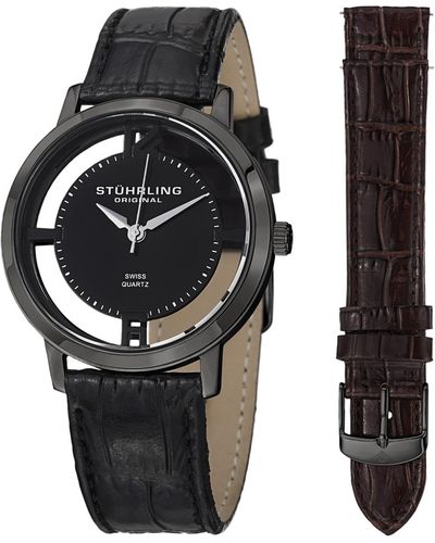 Stuhrling Stainless Steel Pvd Case On Alligator Embossed Genuine Leather Interchangeable Strap - Black