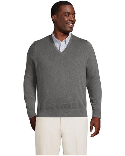 Lands' End Big & Tall Classic Fit Fine Gauge Supima Cotton V-neck Sweater - Gray