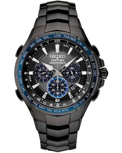 Seiko Radio Sync Solar Chronograph Coutura Black Stainless Steel Bracelet Watch 44.5mm