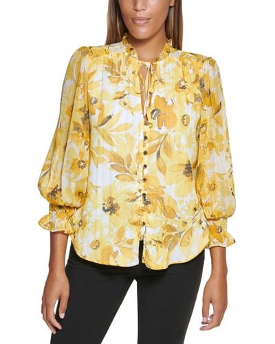 DKNY Petite Floral-print Tie-neck Textured Blouse - Yellow