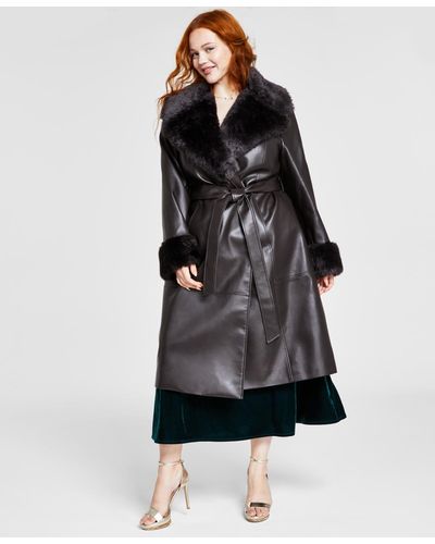 Via Spiga Plus Size Faux-leather Faux-fur-trim Trench Coat - Black
