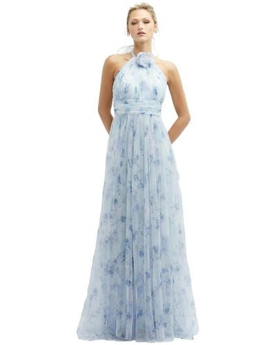 Dessy Collection Floral Tie-back Halter Tulle Dress - Blue