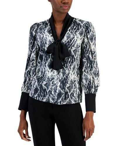 Anne Klein Contrast-trimmed Printed Satin Bow Blouse - Black