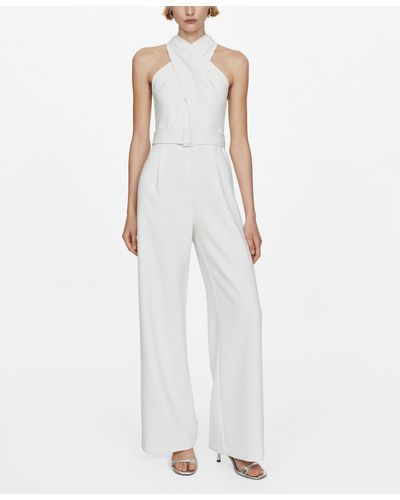Mango Belted Crossover Collar Jumpsuit - White