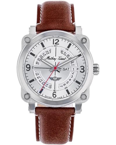 Mathey-Tissot Pilot Collection Three Hand Date Genuine Leather Strap Watch - Gray