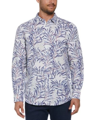 Cubavera Long Sleeve Button Front Leaf Print Linen Blend Shirt - Blue