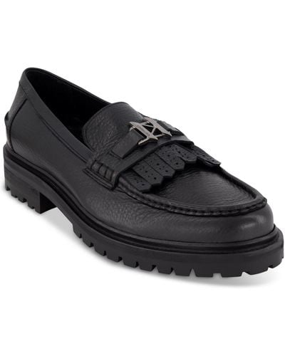 Karl Lagerfeld Tumbled Leather Slip-on Kilted Tassel Loafers - Black