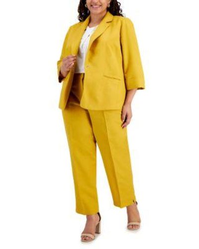 Kasper Plus Size Linen Blend Jacket Twist Neck Top Pants - Yellow