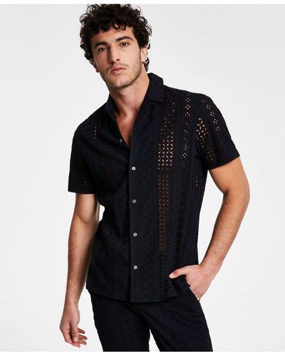 INC International Concepts Regular-fit Geo Embroidered Eyelet Camp Shirt, Created For Macy's - Black