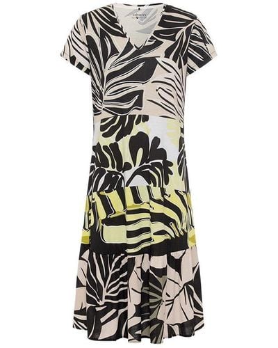 Olsen Short Sleeve Abstract Palm Print Dress - Black