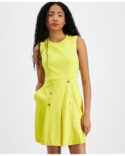 Tahari Petite Button-trim Fit & Flare Dress - Yellow
