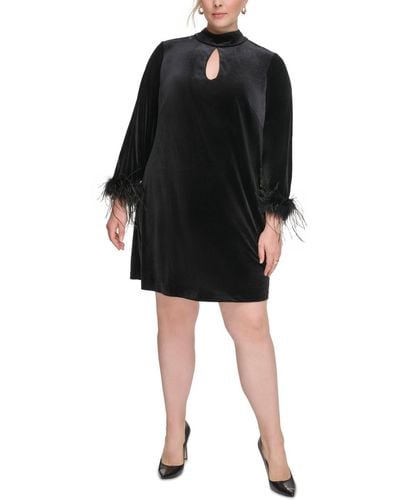 Eliza J Plus Size Velvet Feather-sleeve Mini Dress - Black