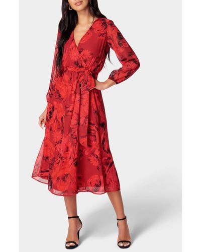 Bebe Printed Wrap Midi Dress - Red