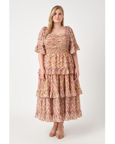 English Factory Plus Size Floral Smocked Ruffle Tiered Maxi Dress - Multicolor