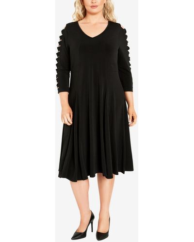 Avenue Plus Size Glam Sleeve Plain Dress - Black