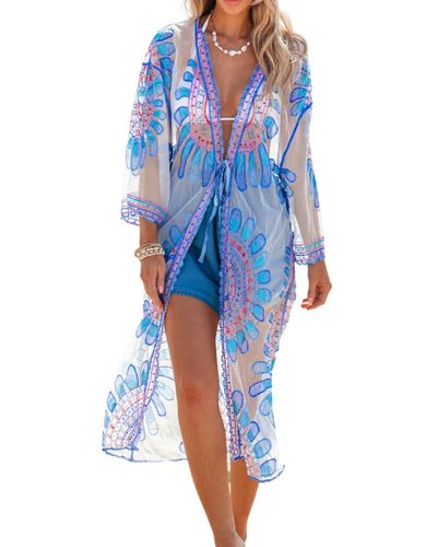 CUPSHE Sheer Open Front Tie Waist Kimono Cover-up - Blue
