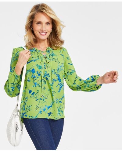 INC International Concepts Printed Lace-up Blouse - Green